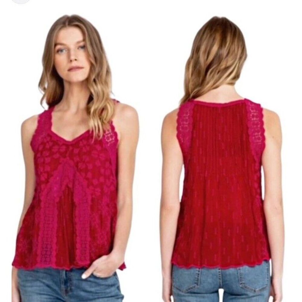 Johnny Was Pink Eyelet Lace Trim Floral Embroidered Tunic Tank Shirt Sz S